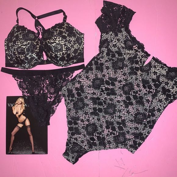 Victoria's Secret 32D34DD BRA SET+cutout panty+TEDDY BLACK lace beige FLORAL